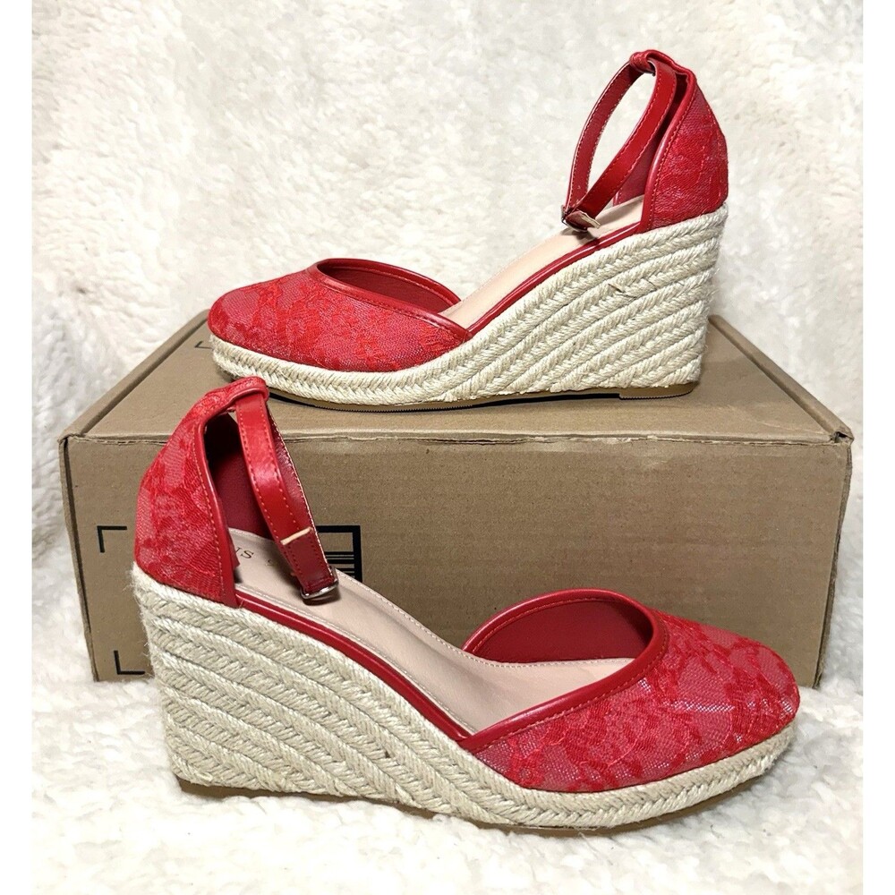 Women's Sandals Espadrille Lace Wedge Heels Platform Sandals Red Size 9 NEW - Picture 2 of 7